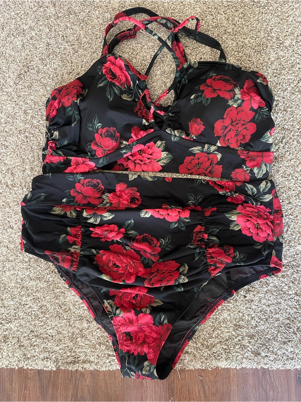 torrid Black Floral Wire-Free Cross Front Strappy Bikini Top TOP ONLY